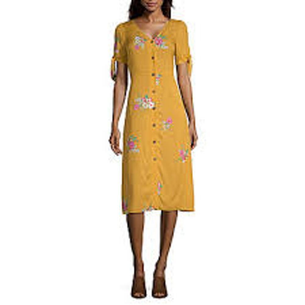 A.N.A A New Approach Women's Golden Yellow Rayon Floral Midi Dress Tie Sleeves